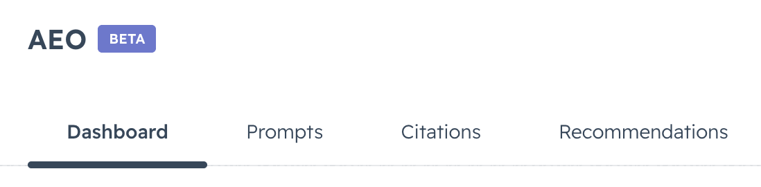 The four AEO tabs in HubSpot: Dashboard, Prompts, Citations, and Recommendations